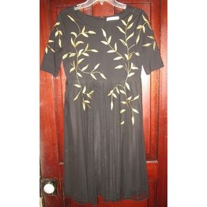 Wayward Fancies eShakti S M Fit Flare Dress Black Gold Floral Leaf Embroidered